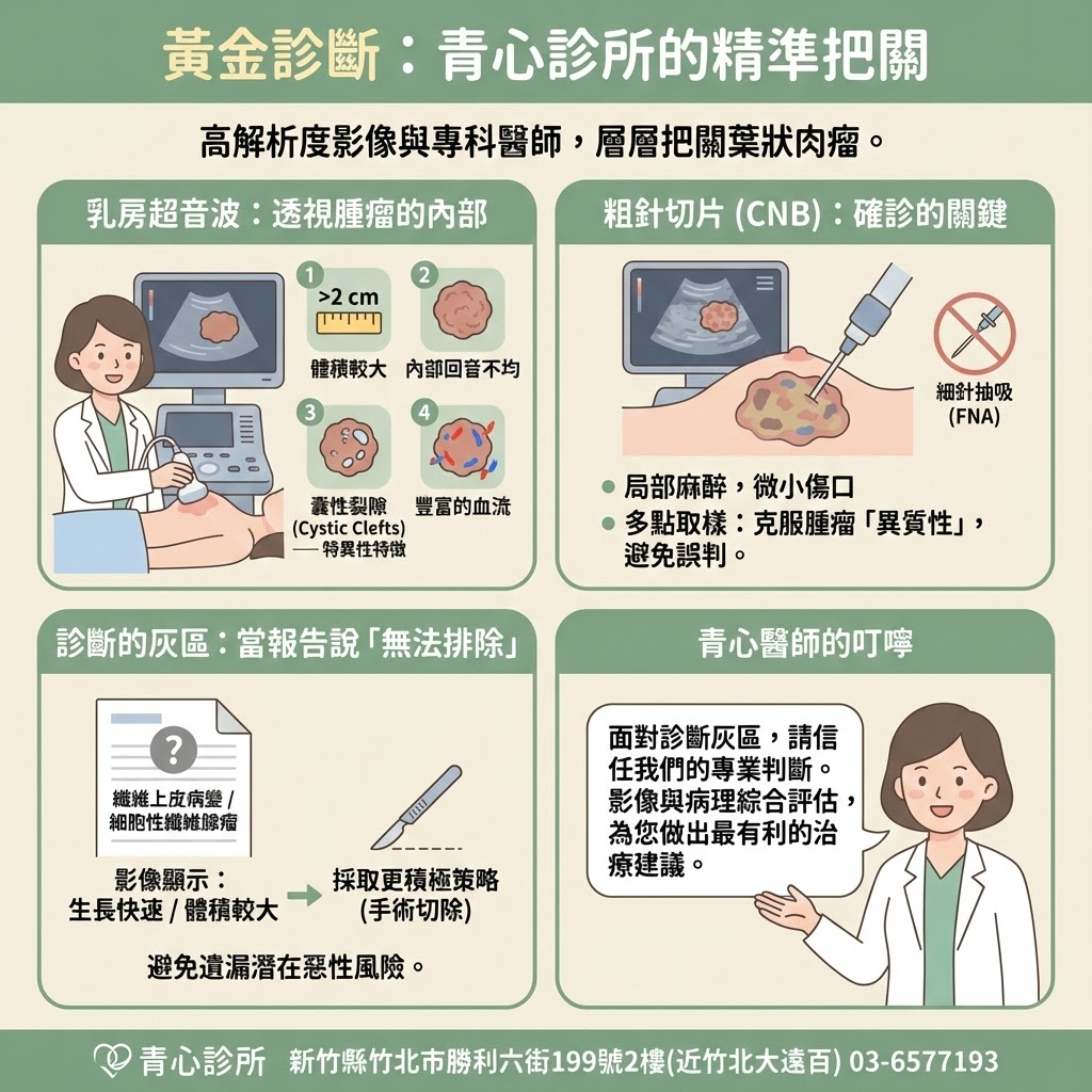 高解析超音波診斷葉狀肉瘤與粗針切片示意圖