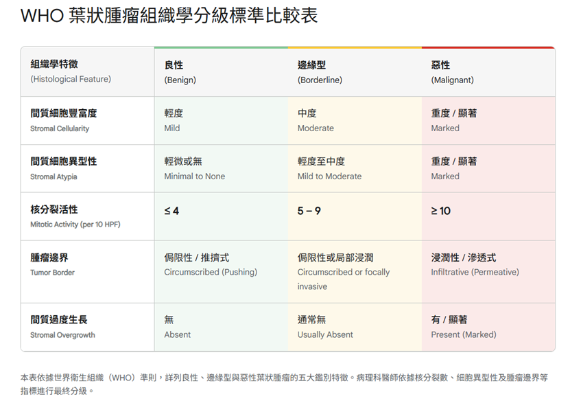 葉狀腫瘤良性、邊緣型與惡性分級圖表