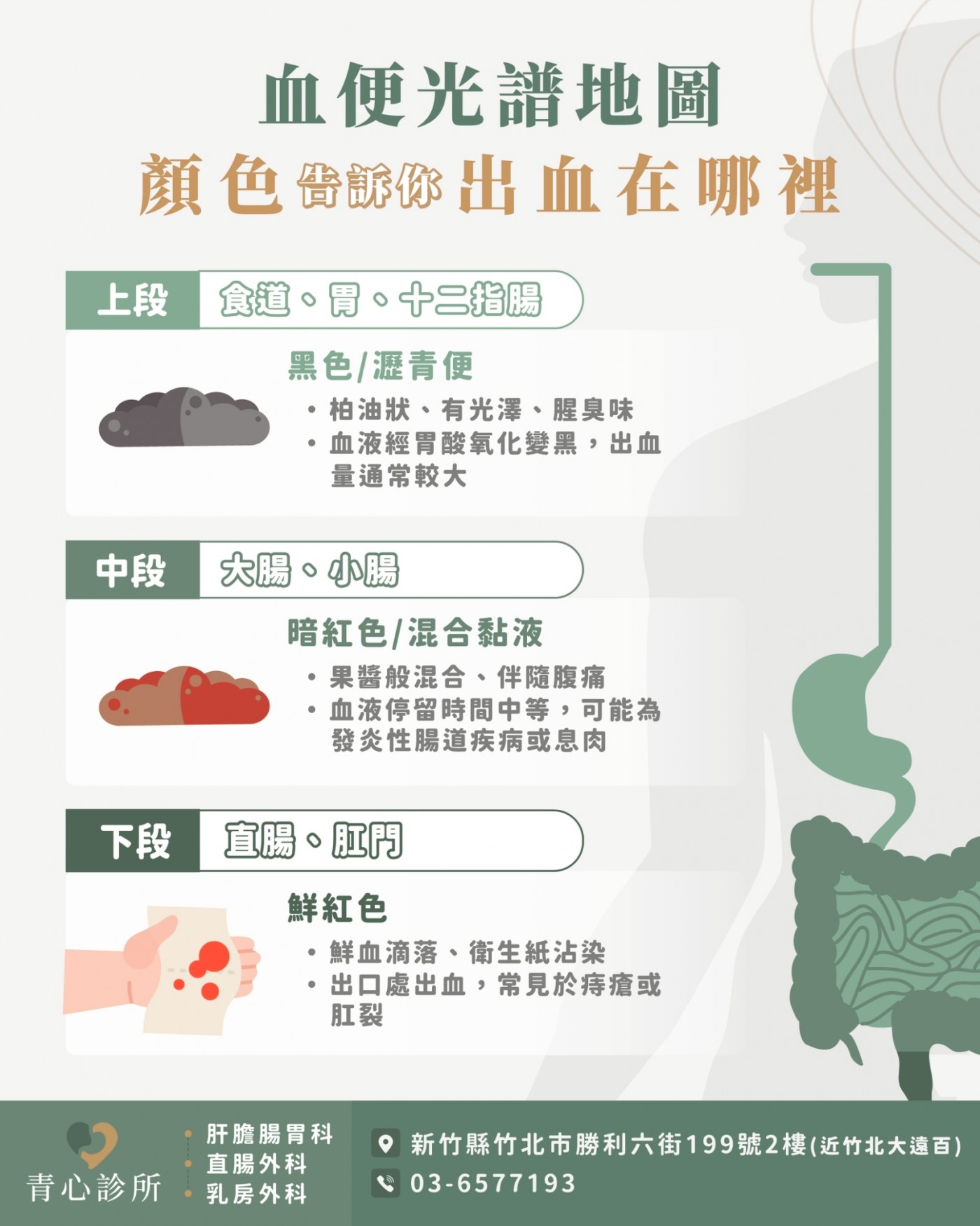 血便顏色辨識圖：從黑色、暗紅色、鮮紅色區分上中下段消化道（胃、腸、肛門）的出血型態。